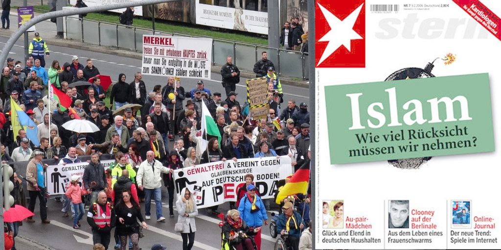 PEGIDA-Demonstration im linken Bildteil und ein Cover vom Stern-Magazin rechts mit dem Titel "Islam - Wie viel Rücksicht müssen wir nehmen?"